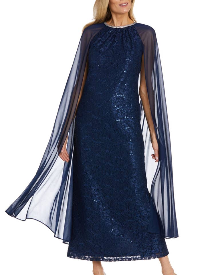 NAVY RM Richards Sequin Lace Attached Cape Evening Gown for wholesale on Faire0