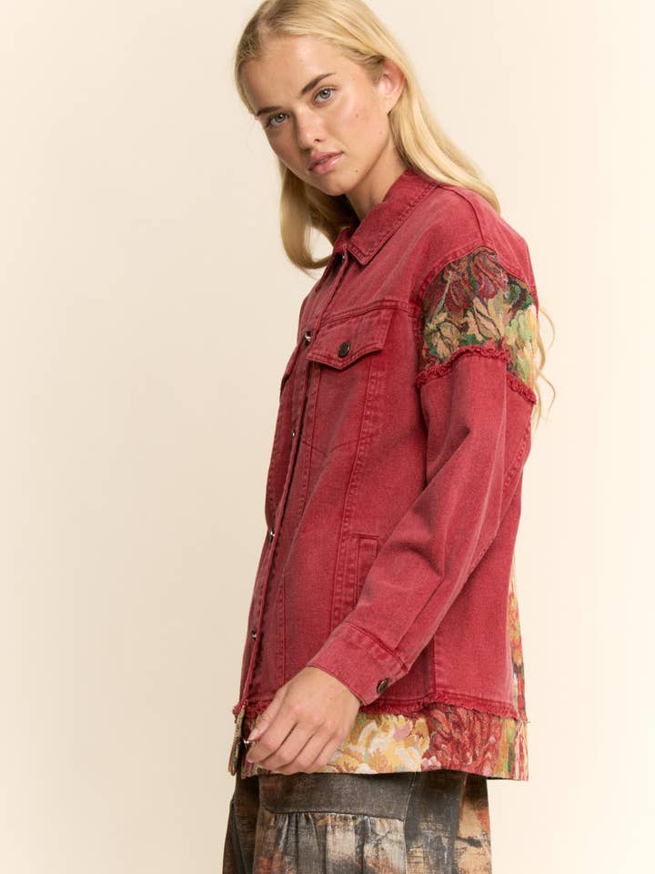 Davi & Dani - Wholesale Jacket - Women's - STONE WASHED DENIM JACQUARD PANEL MIDI JACKET1