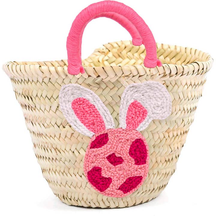 MIRAMAR Store - Wholesale Basket - Kids & Baby - Handwoven Straw Basket with Pink Bunny Ear Embroidery1