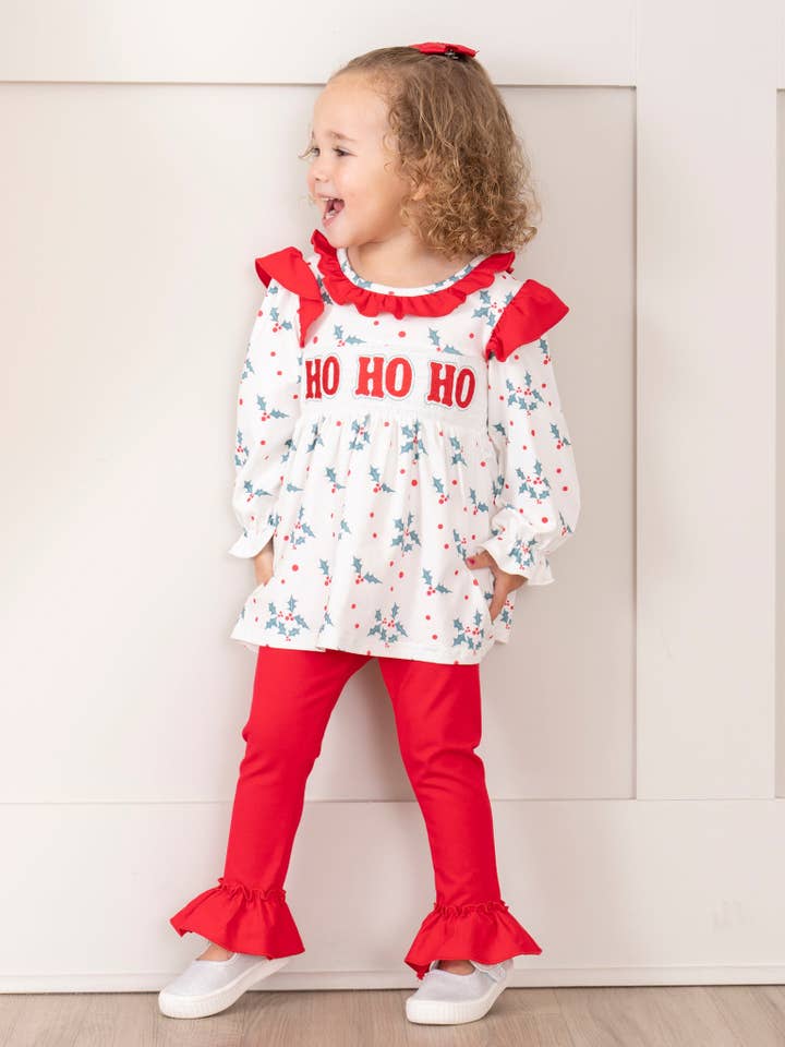 Marie Nicole Clothing - Wholesale Top & Leggings Set - Kids - Red & Green Smocked "Ho Ho Ho" Ruffle Outfit