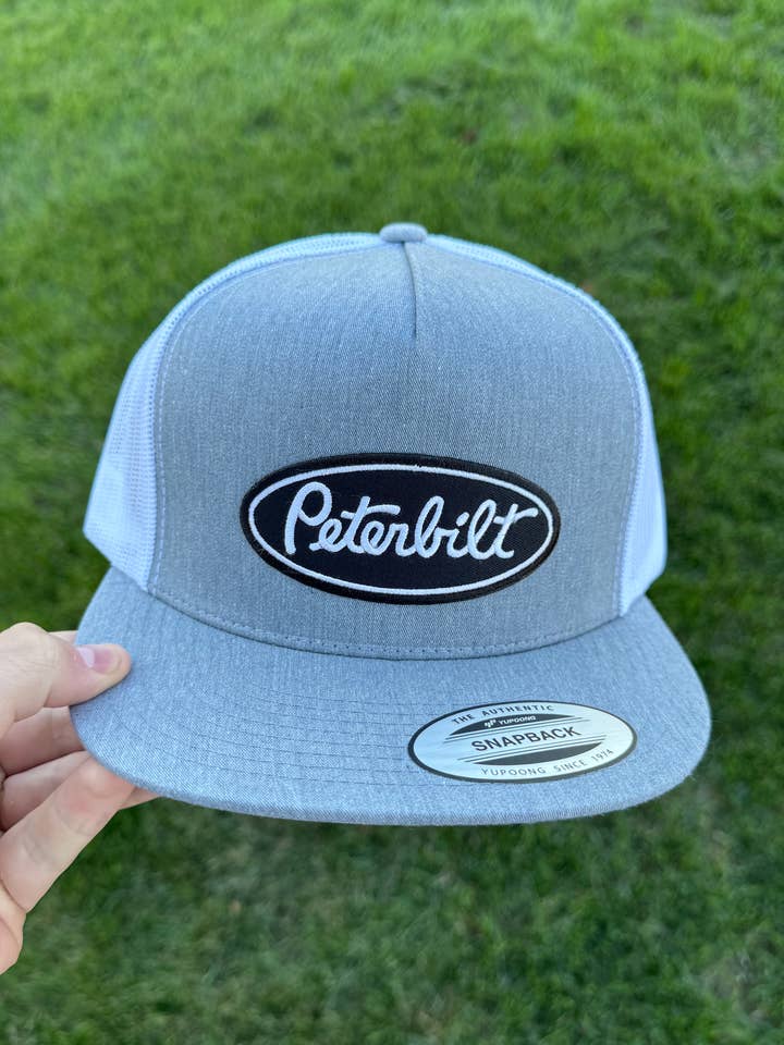 Peterbilt Grey/White Snapback for wholesale by River Bent Hat Co.