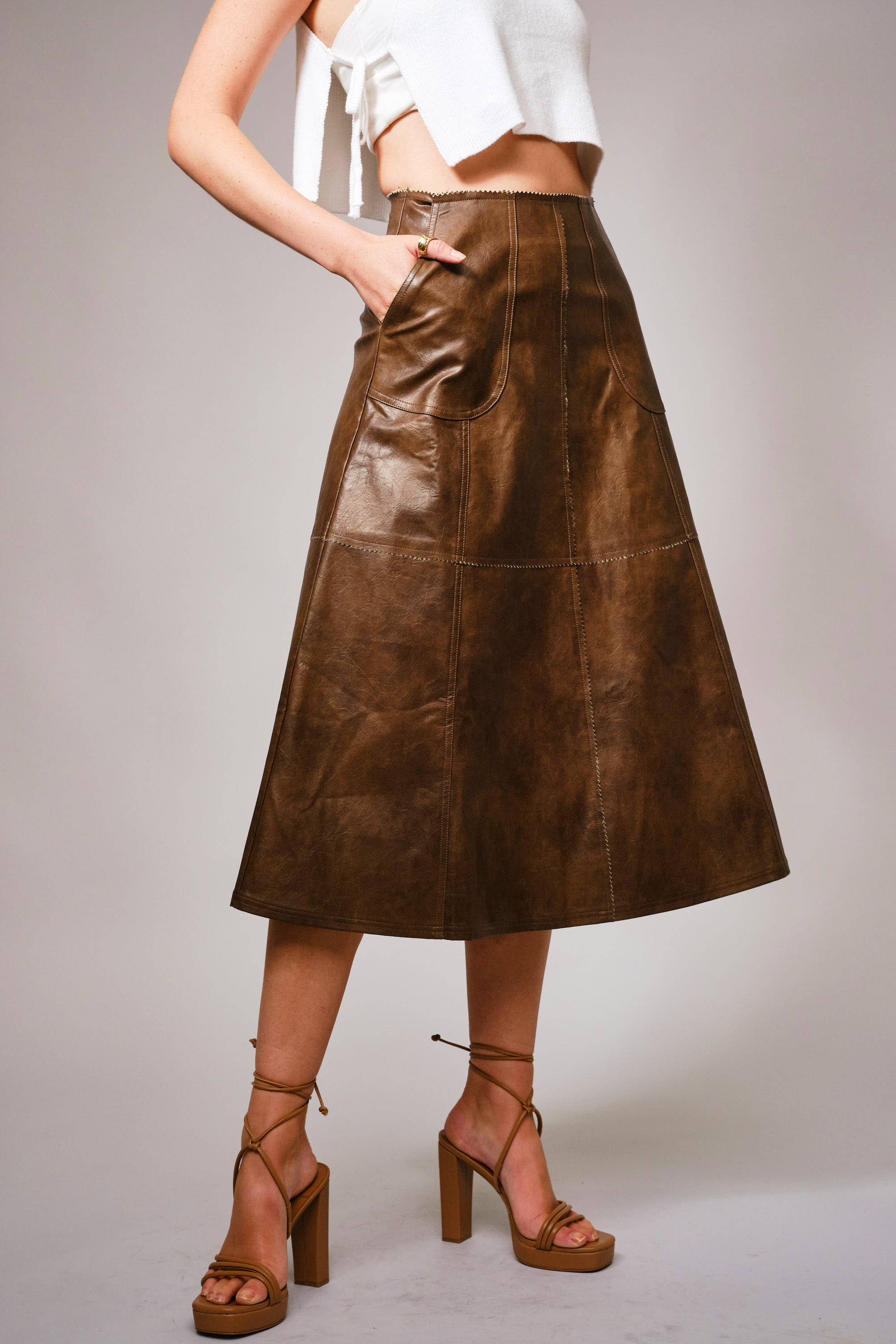 BROWN 37012S - Zigzag Seam Washed Faux Leather Midi Skirt for wholesale on Faire1