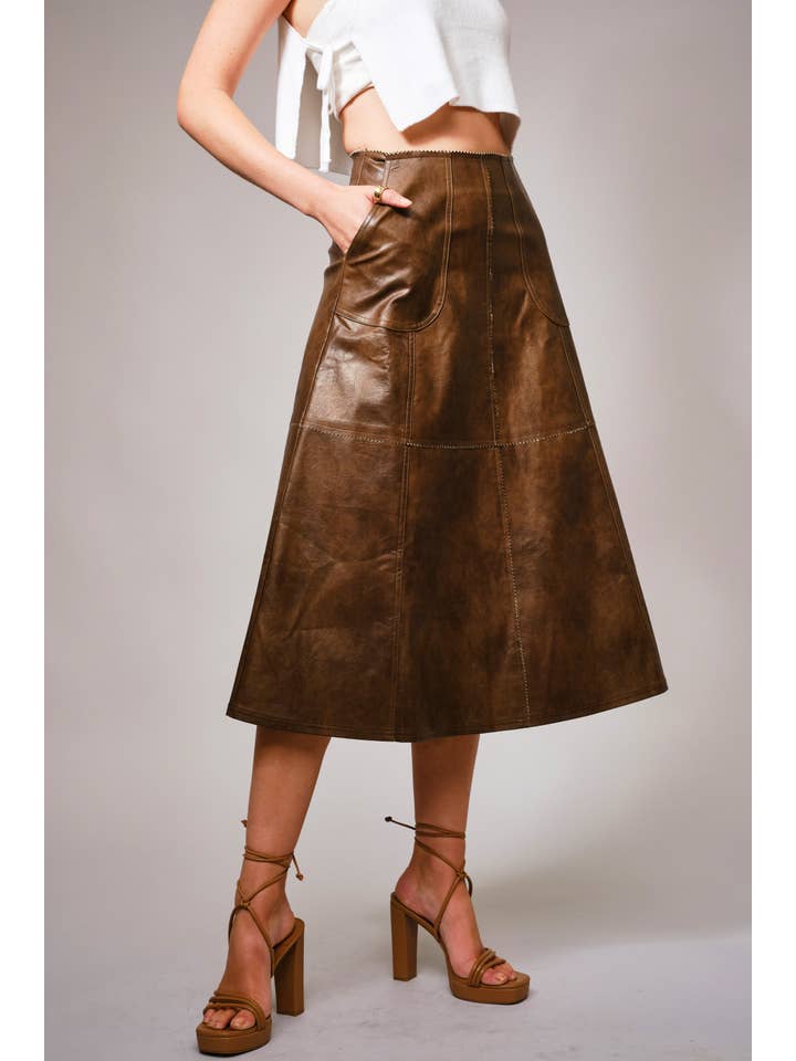 BROWN 37012S - Zigzag Seam Washed Faux Leather Midi Skirt for wholesale on Faire1