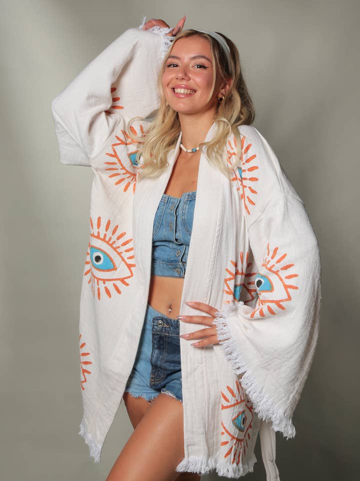 Moa – Kaftan - Mulher por atacado – Kaftan Kimono Curto Olho Grego Retrô6