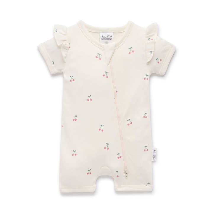 Cherry Short Sleeve Zip Romper for wholesale by Aster & Oak