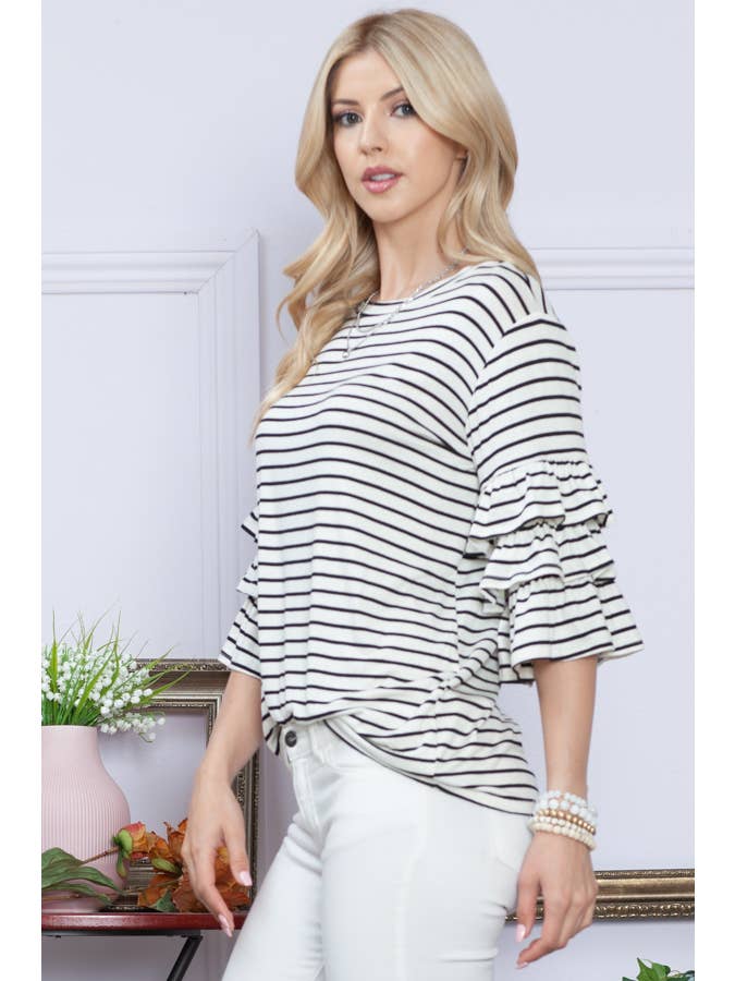 WHITE BLACK RUFFLE HALF SLEEVE STRIPE TOP for wholesale on Faire