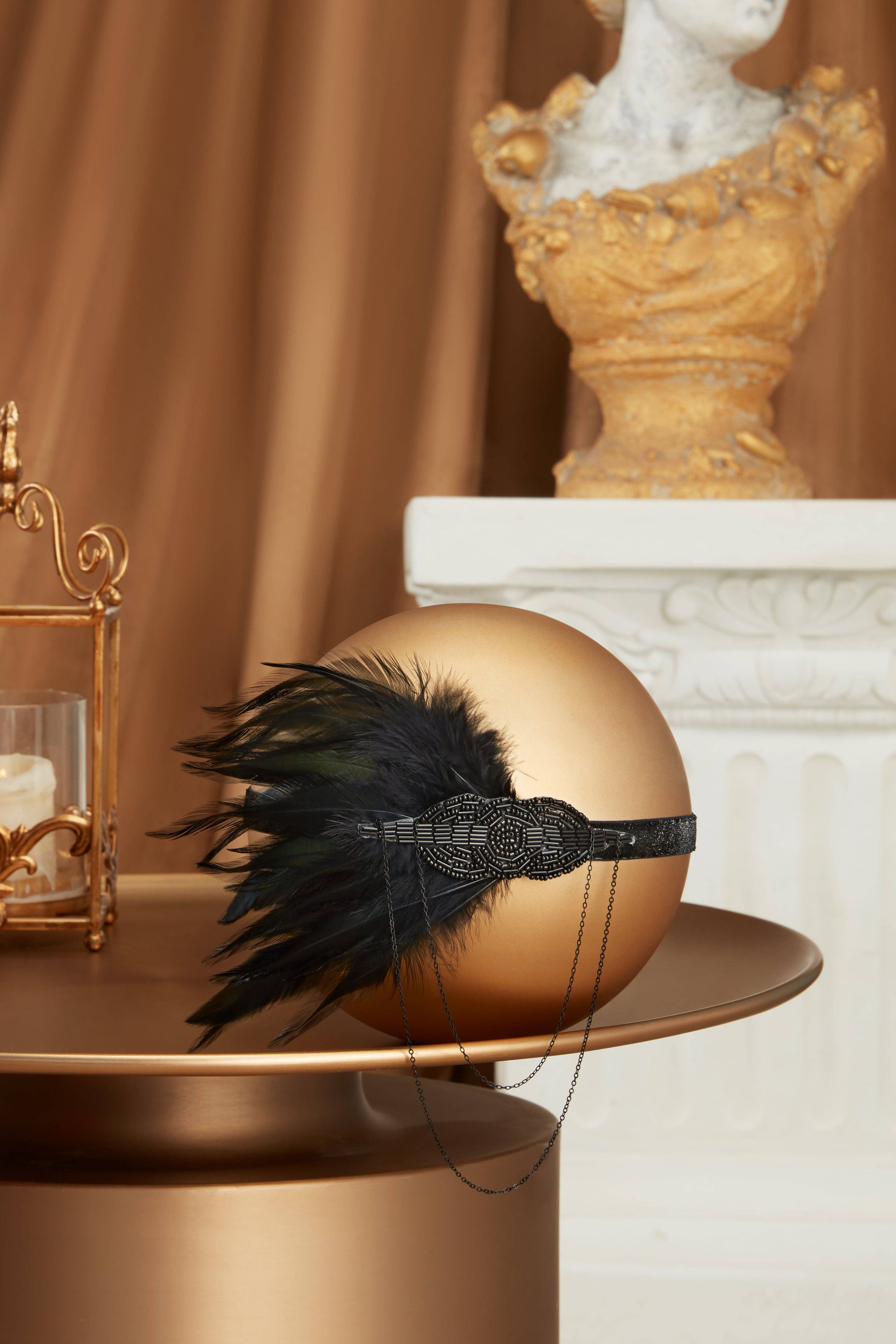 Black Beaded Chain Ostrich Feather Headband for wholesale on Faire2