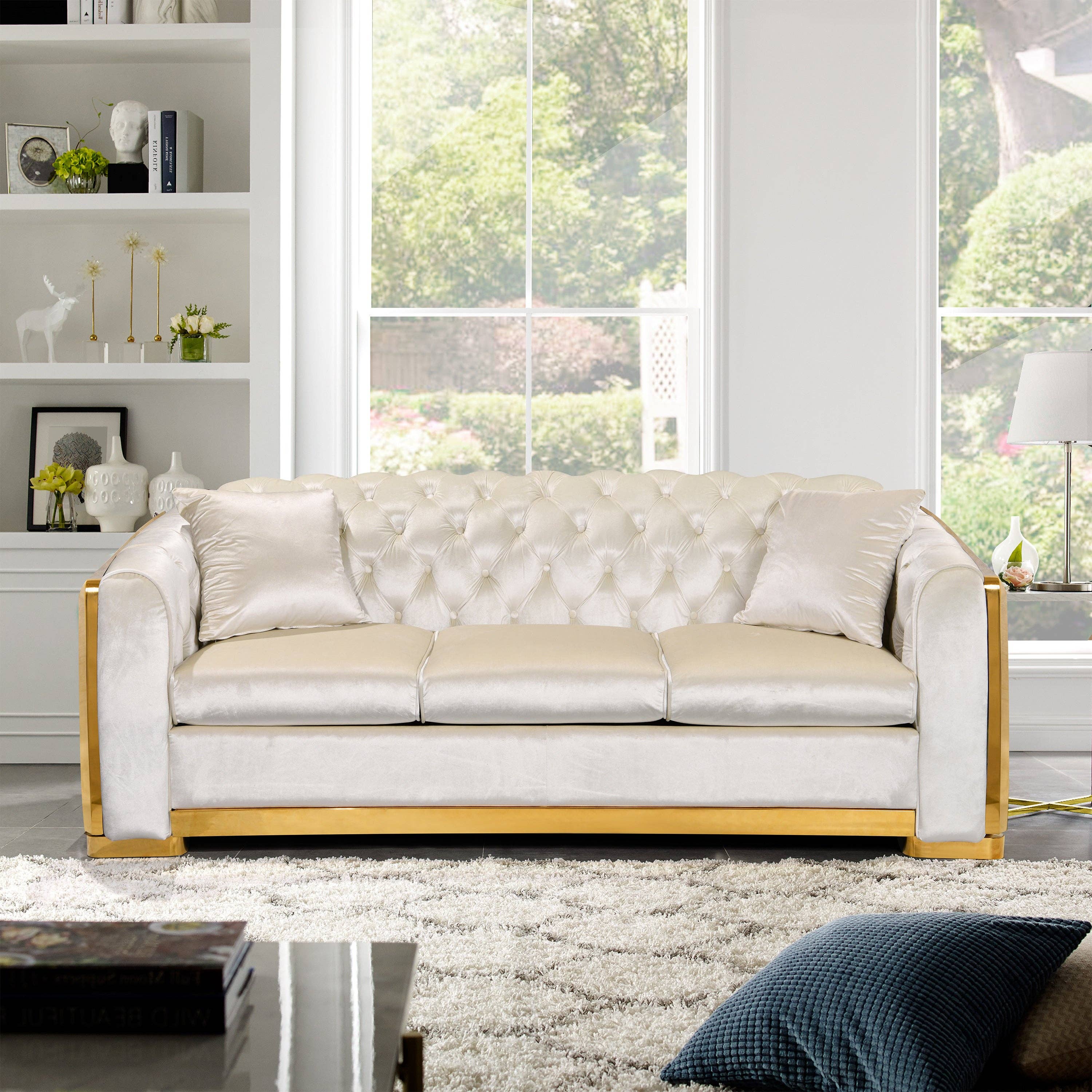 39F Inc. - Wholesale Sofa - 84" Luxury Chesterfield 3-Seat Velvet Sofa with Gold Accents1