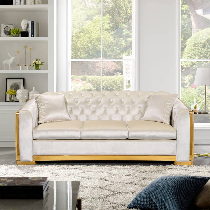 39F Inc. - Wholesale Sofa - 84" Luxury Chesterfield 3-Seat Velvet Sofa with Gold Accents1