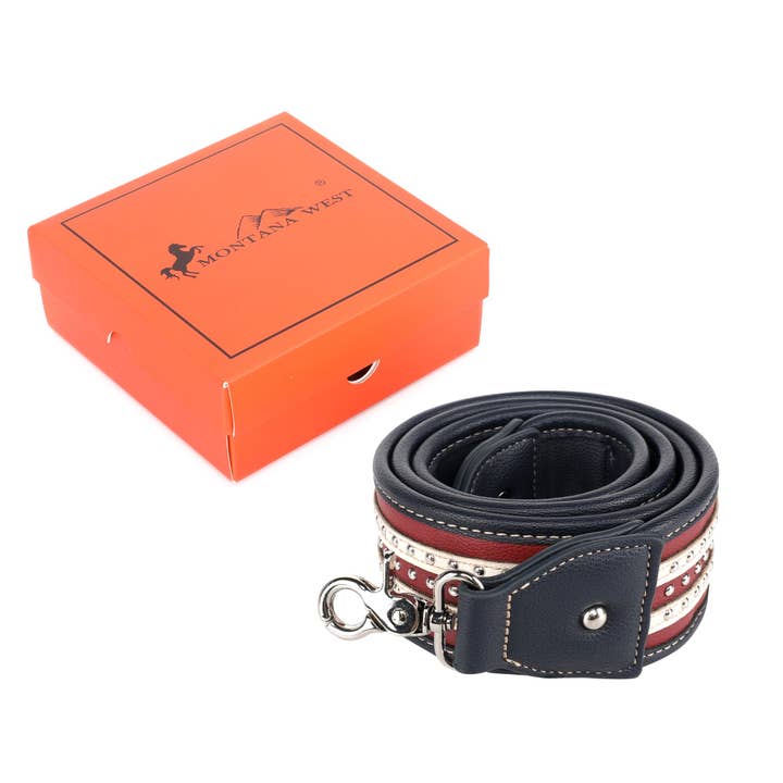 Navy PST-1009 Montana West Western Guitar Style Stars & Stripe Crossbody Strap for wholesale on Faire