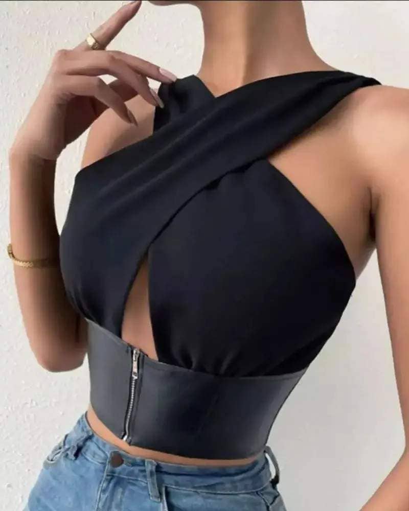 BLACK pu leather patch cutout crisscross top for wholesale on Faire