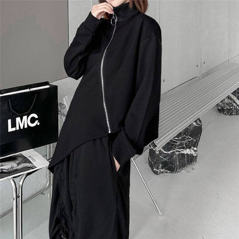 SCHWARZ Unifarbener High-Neck-Reißverschluss Unregelmäßiges T-Shirt-Top für den Großhandel auf Faire1