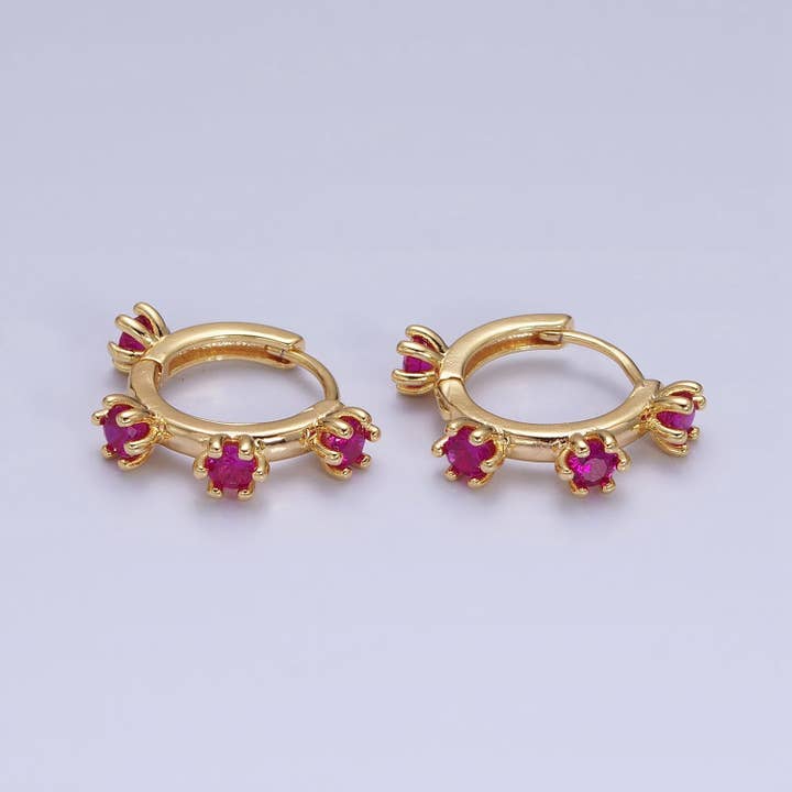 Gold Filled 15.5mm Fuchsia CZ Dotted Outline Huggie Earrings for wholesale by Aim Eternal