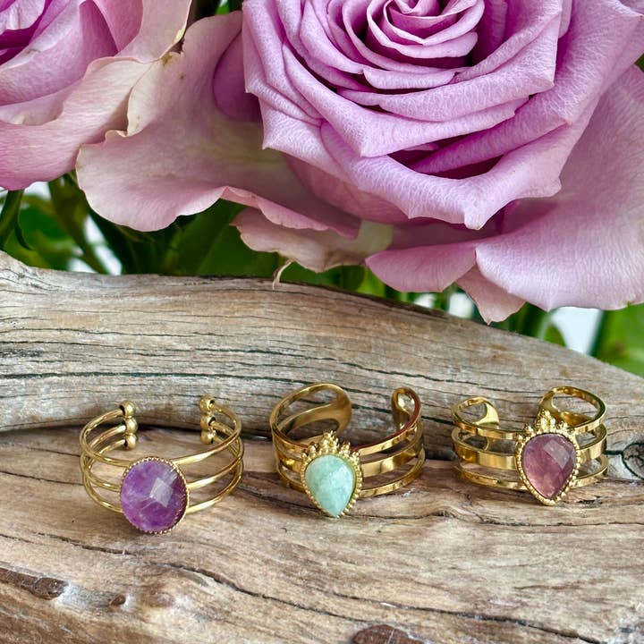 Ocean Ripples – wholesale Cocktail/statement ring – 18ct Gold Plated Amazonite Drop Triple Band Ring 5