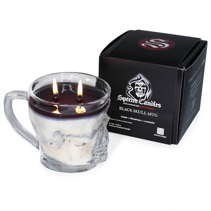 11.5oz Black Skull Mug Color Change Scented Candle for wholesale by Spectre Candles
