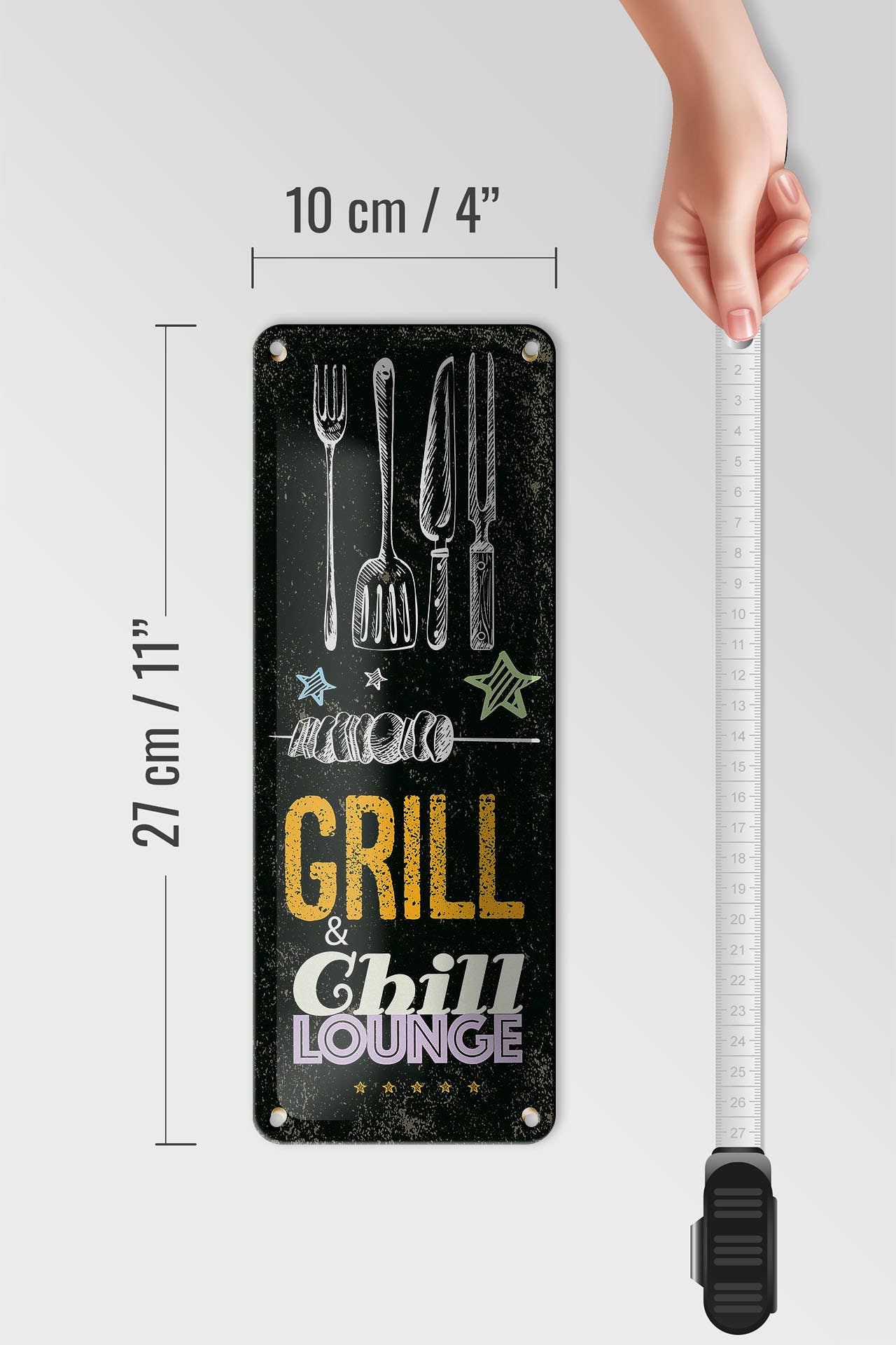 Femer - Vendita all'ingrosso Cartelli - Targa in latta grill & chill meat grilling 10x27 cm3