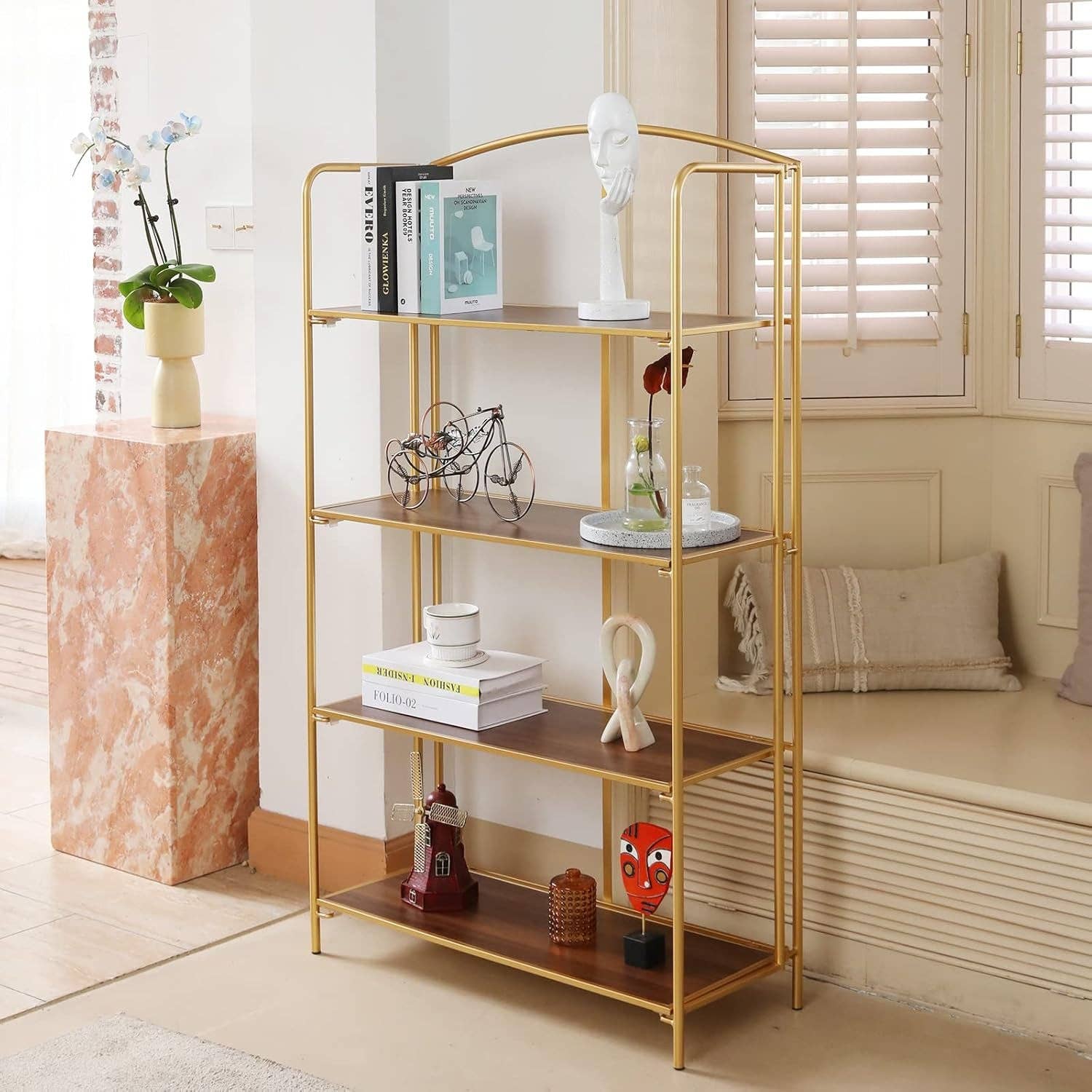 No Assembly Foldable Bookshelf 4 Tier Gold Bookcase for wholesale on Faire3
