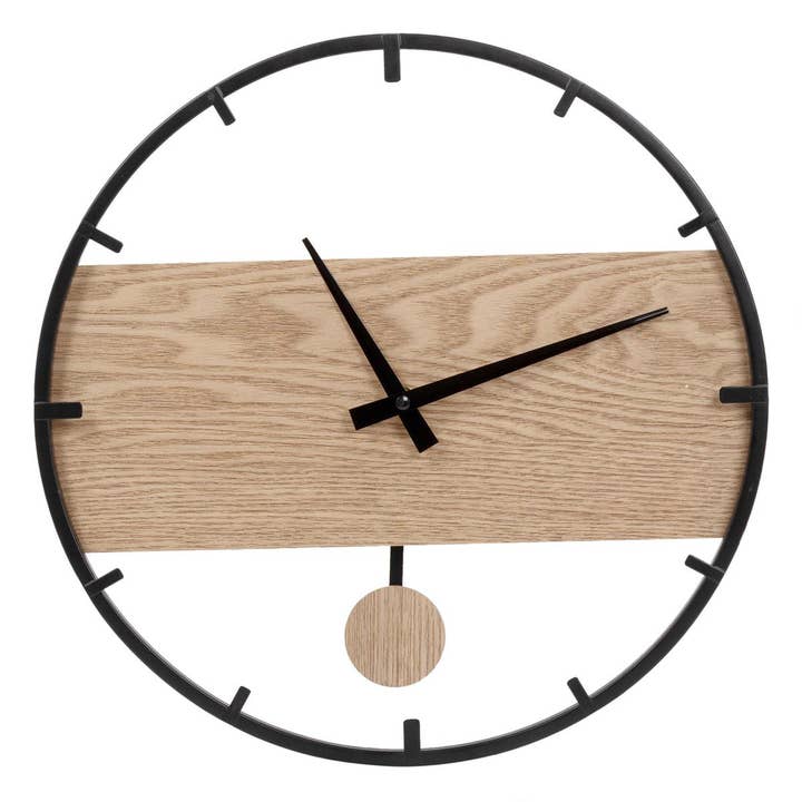 Kiera Grace 14" Wall Clock W/Pendulum Black Metal And Wood for wholesale by DisplayCanada