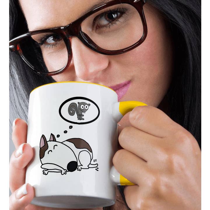 3dRose - Wholesale Coffee Mug - 3dRose, Funny Cute Bull Terrier Dog Dreaming of Chasing Squirrels, Mug1