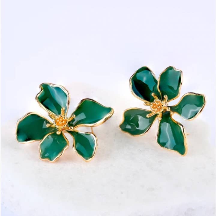 Emerald and Gold Flower Earrings for wholesale by ETHICGOODS