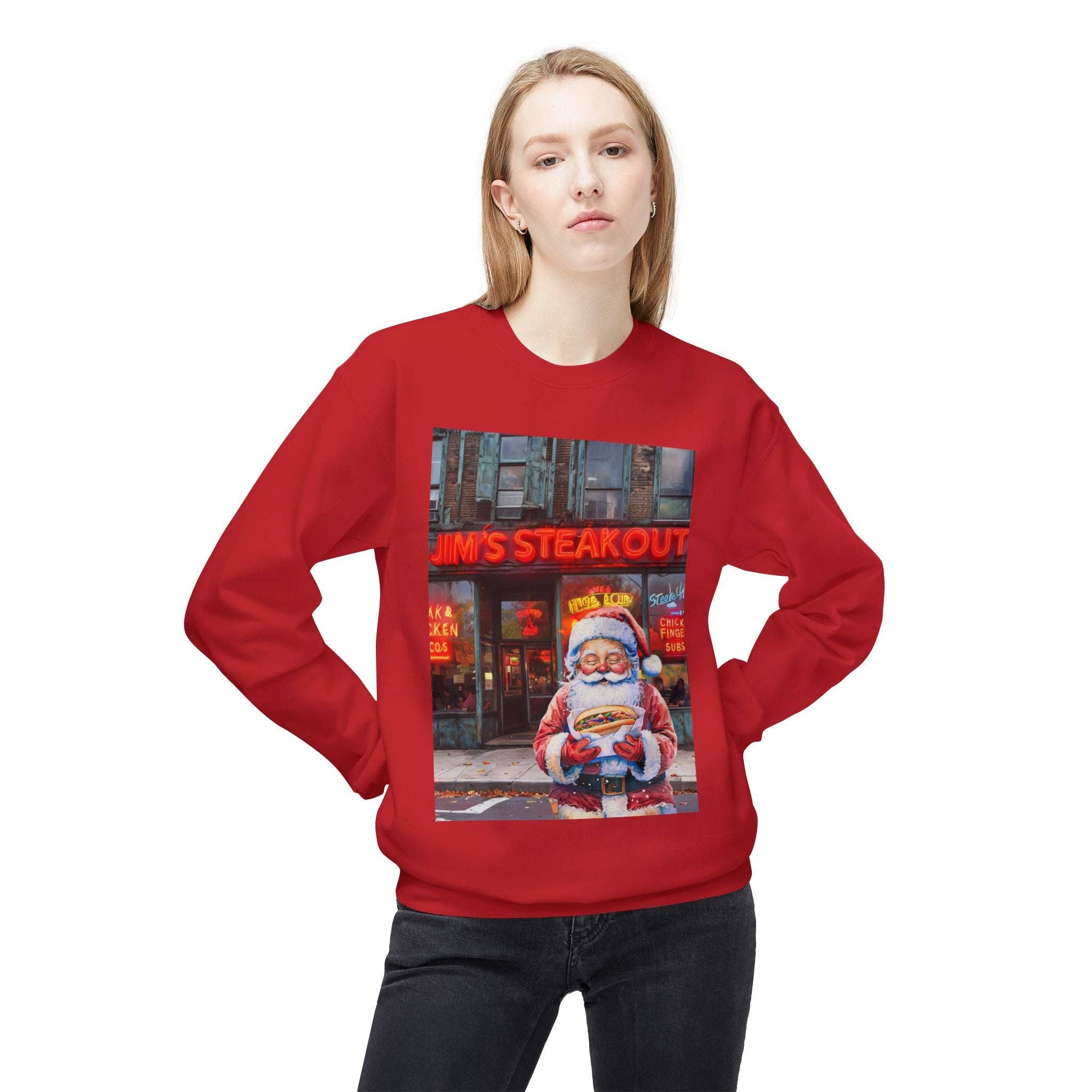 Buffalovely - Wholesale Graphic Sweatshirt - Unisex - Santa with a Hoagie at Jim's Steakout Unisex Cozy Crewneck Sweatshirt35
