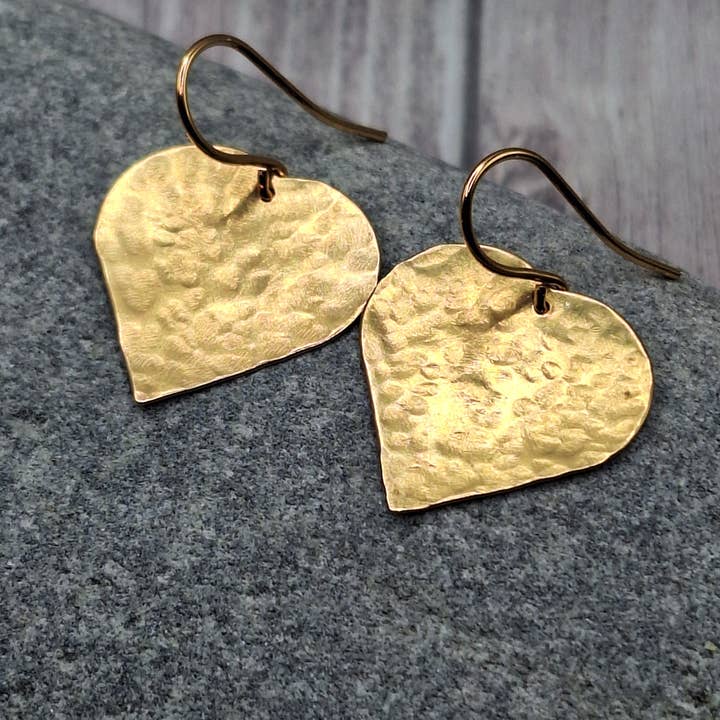 Harper House Studio - Wholesale Dangle Earrings - Rustic Heart Earrings in Hammered Brass – Artisan Boho Style2