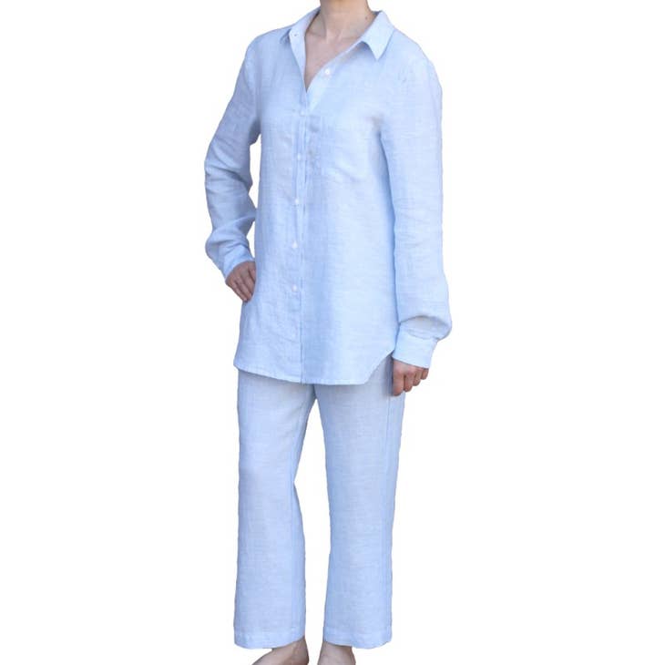 Stonewashed Linen Women Shirt - pure 100% linen flax light blue