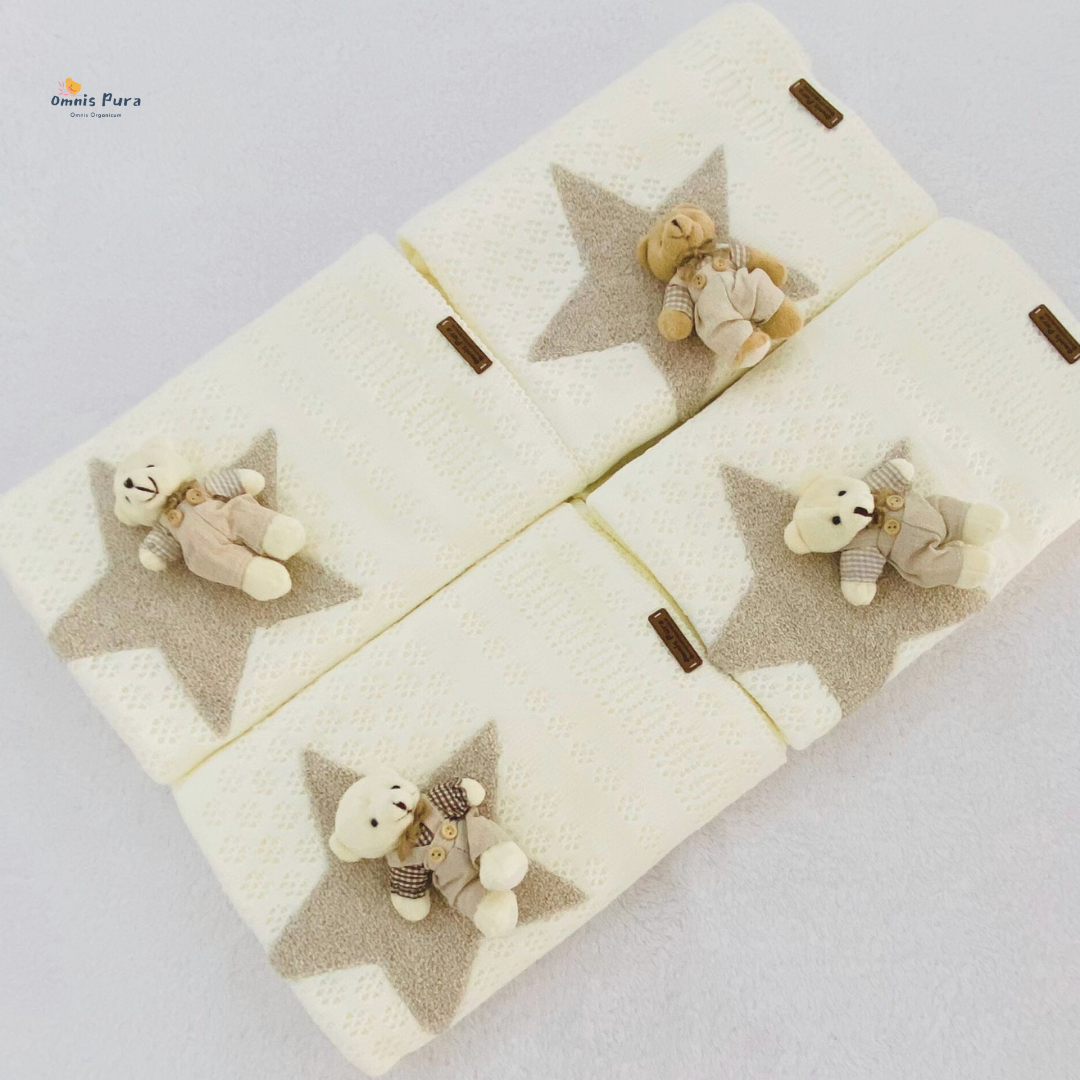 Omnis Pura - Venta al por mayor Manta de cama - Niños y bebés - Manta de Bebé Unisex de Punto con Diseño de Estrella y Oso–90x85cm1