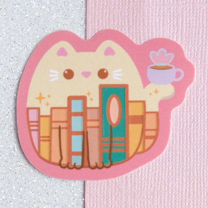 Bookworm Book Lover Cat Sticker - Whiskered Wonders Collection for wholesale by Sparkles in the Wild