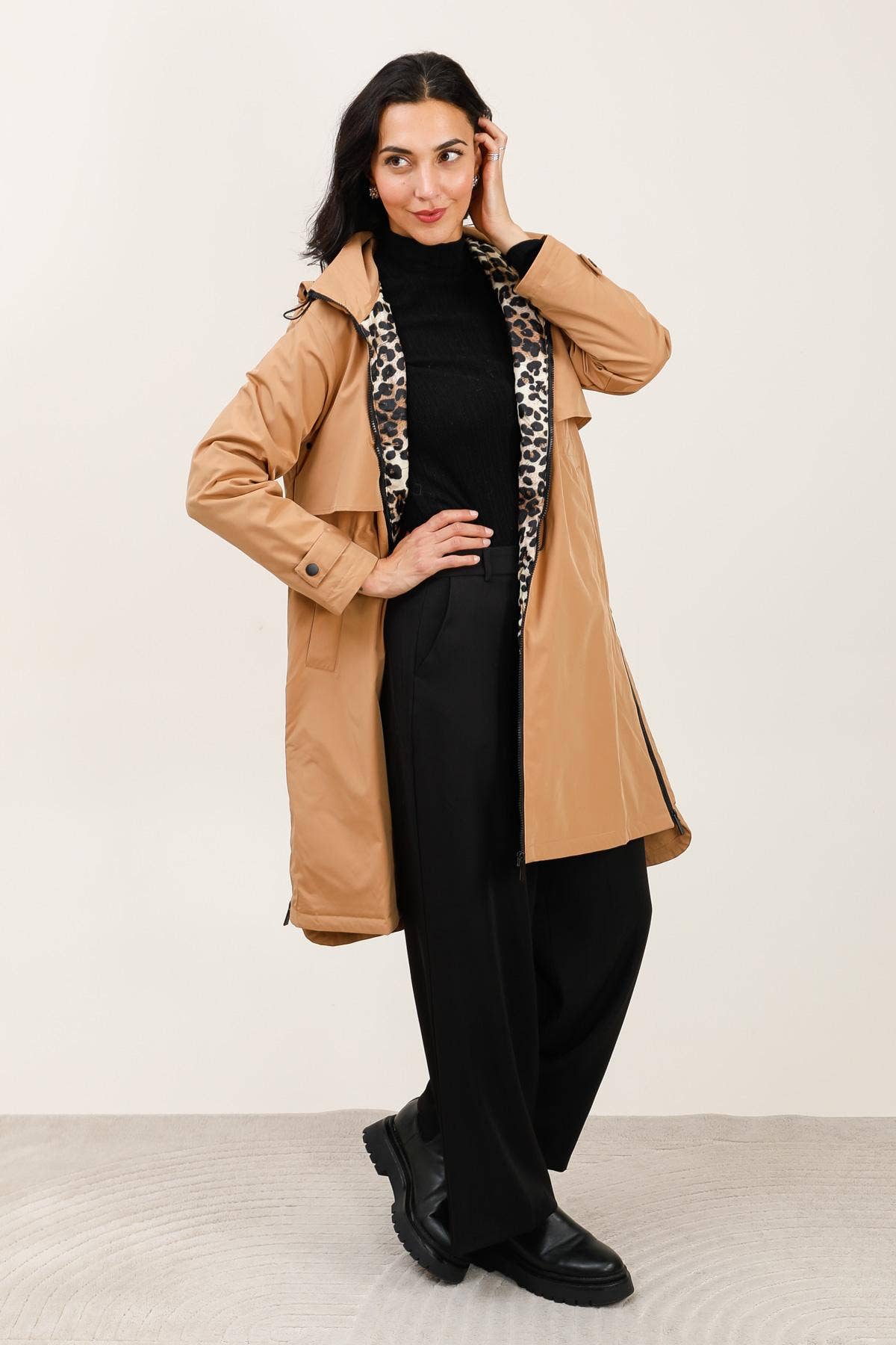 Attrait Paris - Wholesale Windbreaker - Women's - Leopard lined waterproof long jacket10