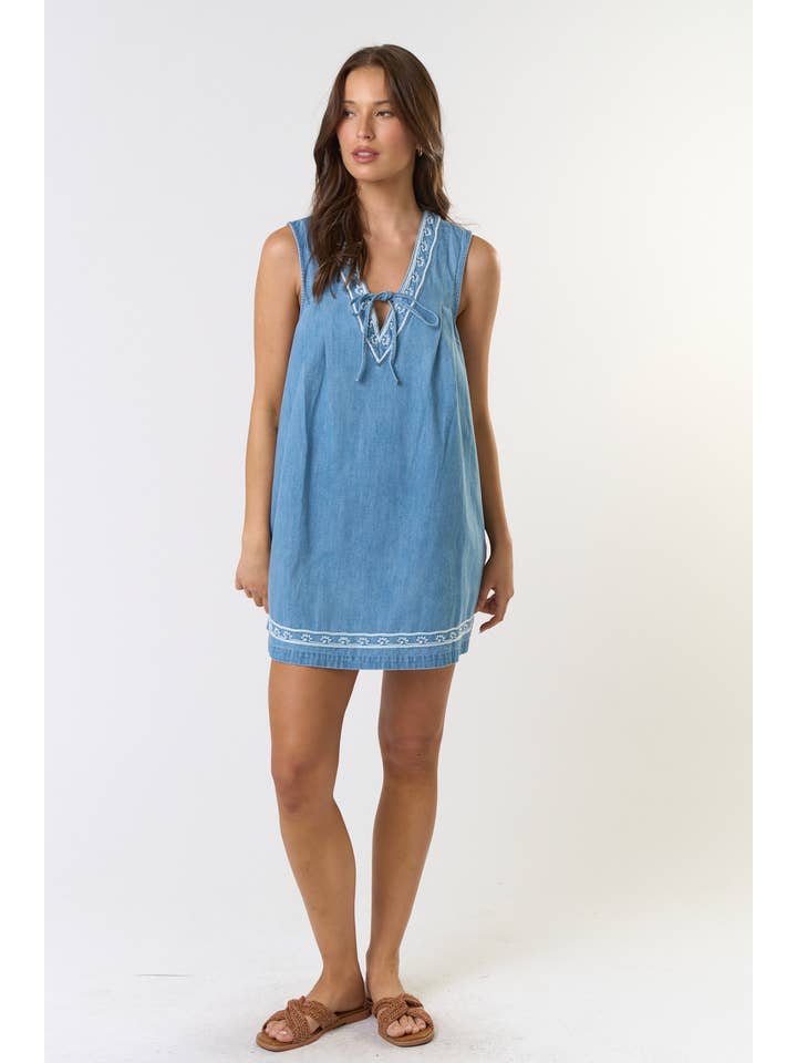 ILD5211 SLEEVELESS EMBROIDERED DENIM DRESS for wholesale on Faire