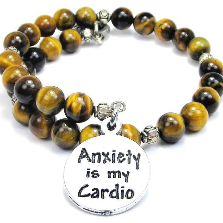 Anxiety Is My Cardio Tiger's Eye Wrap Bracelet Mental Health for wholesale by Chubby Chico Charms