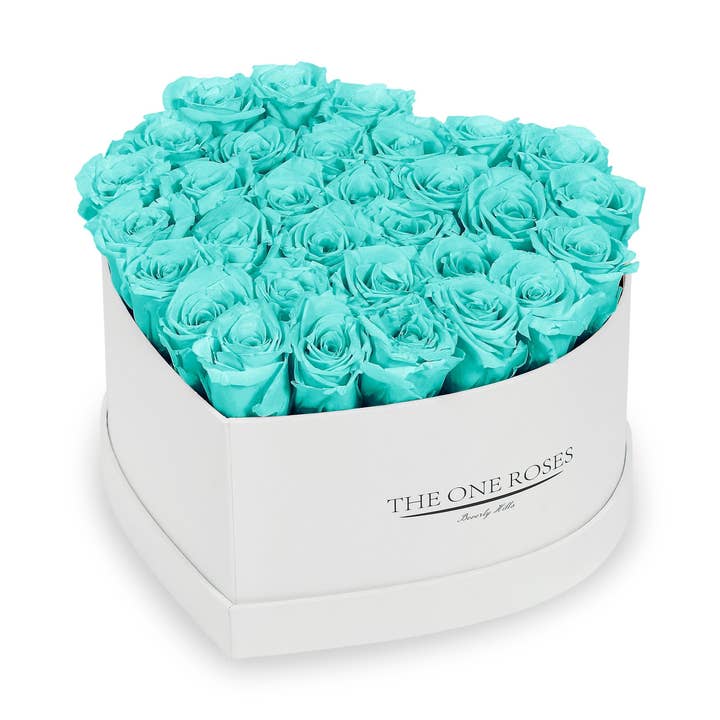 Teal Blue Roses | White "Love" Box for wholesale by The One Roses