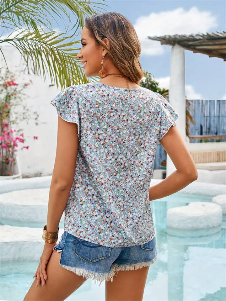 LIGHTBLUE Floral lace lace lotus sleeve blouse for wholesale on Faire