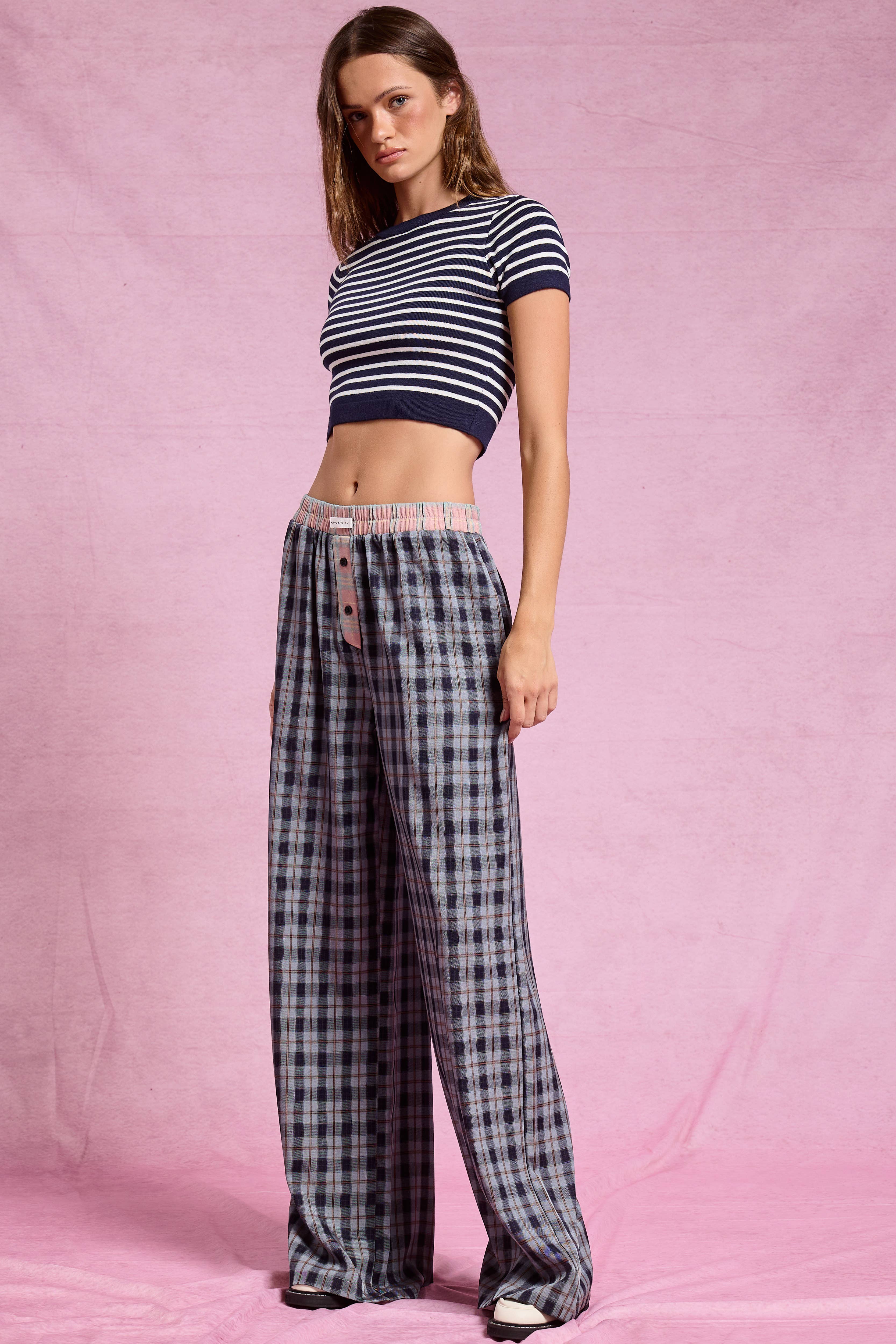 Mimosa - Vente Pantalon – femme - Pantalon boxeur à carreaux avec ceinture contrastante2