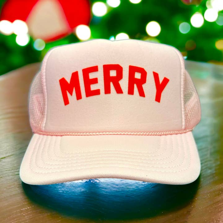 Holiday - Velvet MERRY Light Pink Trucker for wholesale by Littlebrightbird