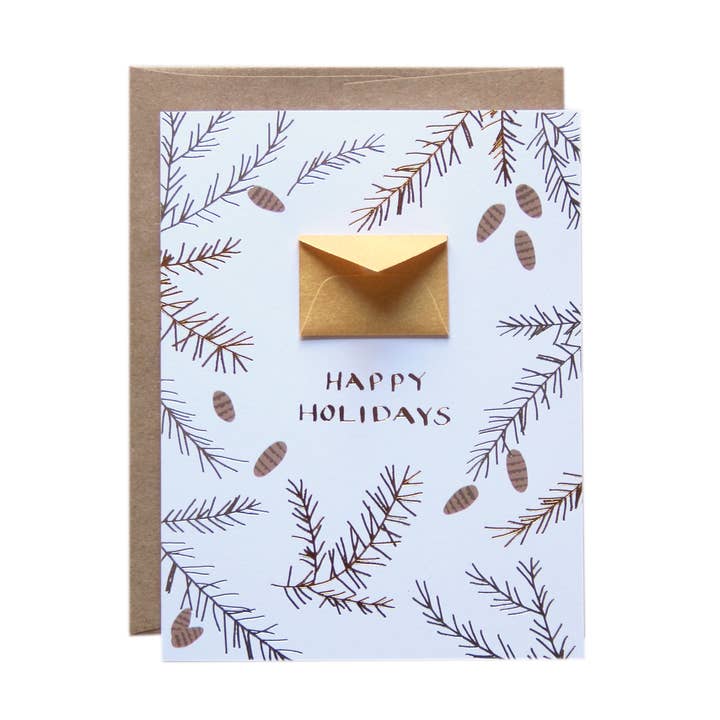 Set di biglietti in alluminio con piccola busta Pine Branches per la vendita all'ingrosso da parte di Lemon Drop Papers, Inc.