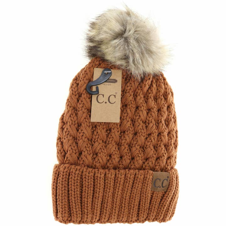 C.C Beanie - Wholesale Beanie - Women's - Solid Lattice Stitch Fur Pom CC Beanie YJ826