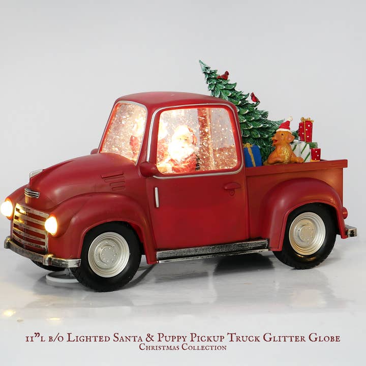 11" Red Truck Glitter Snow Globe, Santa & Puppy or Elf for wholesale by IEGIFT