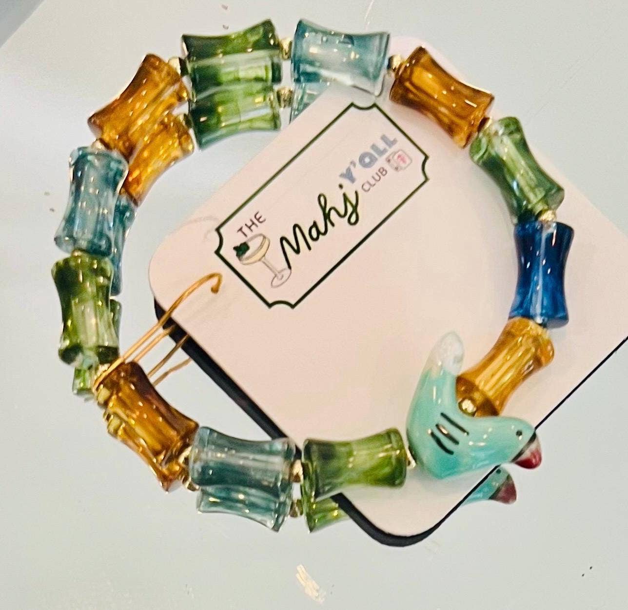 Market On Maple Ave - Wholesale Beaded Bracelet - Bam Bird Mahjong Acrylic bamboo bracelet porcelain bird bead Beaded Colors Braceletsglass beads & acrylic, stretchy. Sold separately