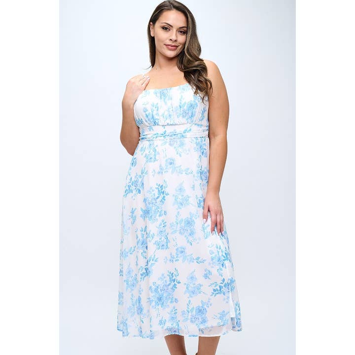Blue PLUS SIZE FLORAL SMOCKED BACK SIDE SLIT MIDI DRESS for wholesale on Faire