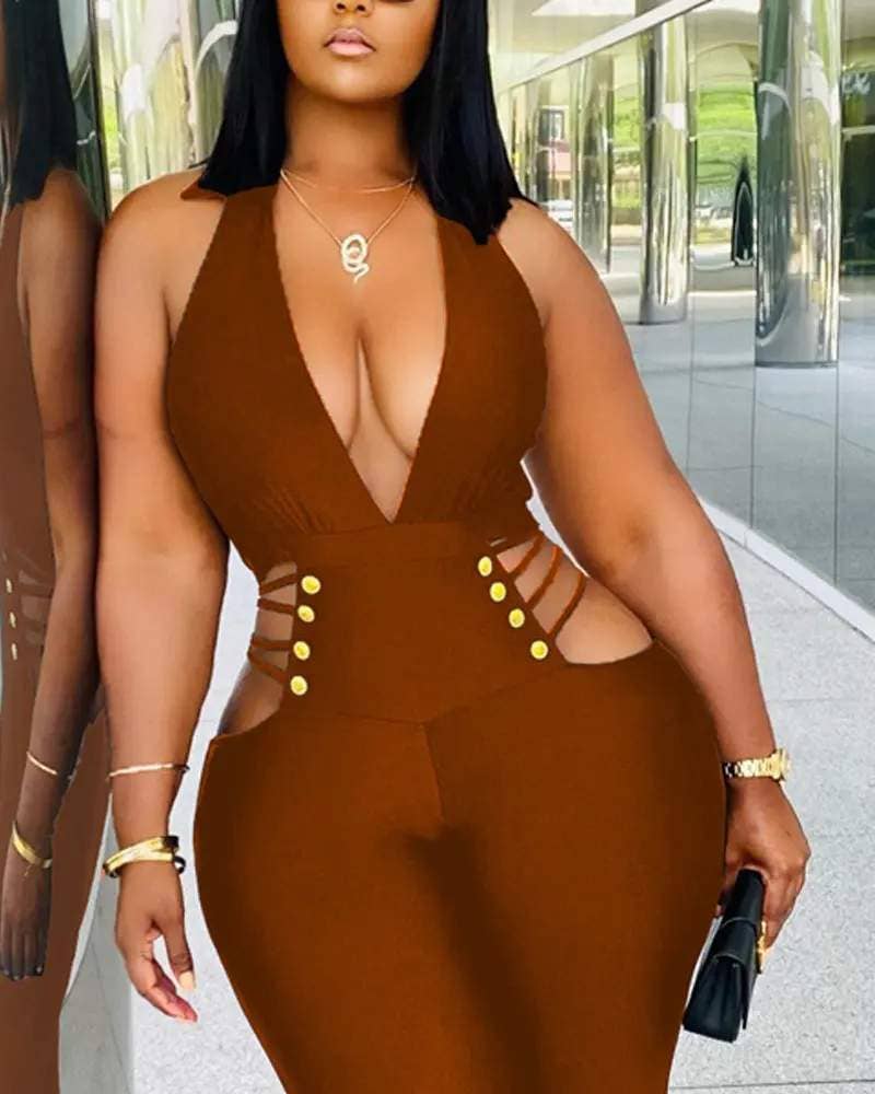 Fashion Combination - Wholesale Jumpsuit - Women's - plunging halter backless cutout skinny jumpsuit3