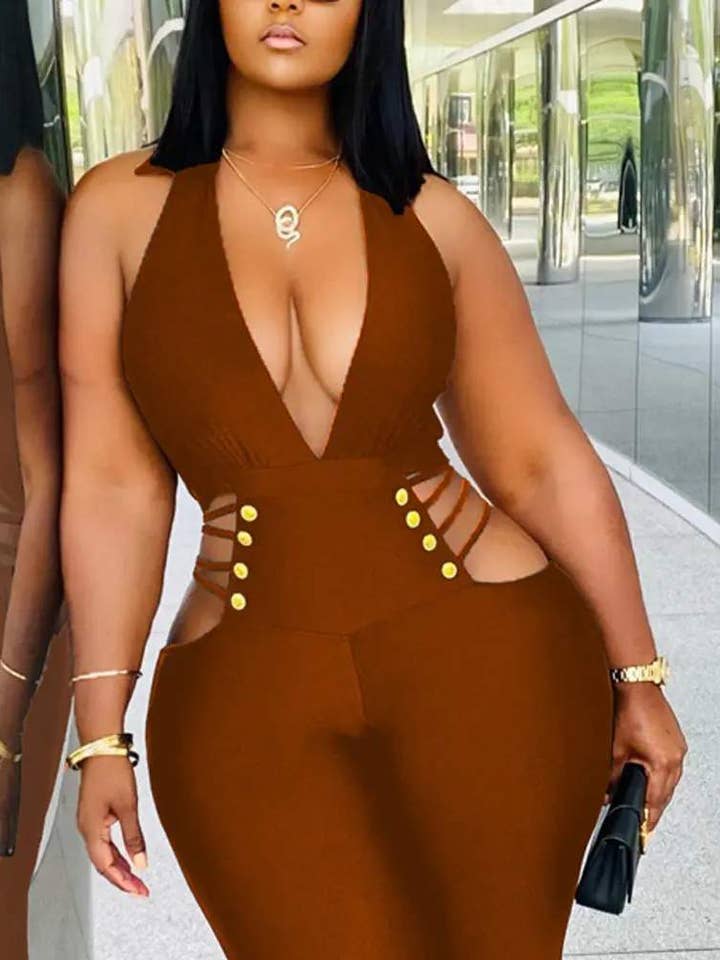 Fashion Combination - Wholesale Jumpsuit - Women's - plunging halter backless cutout skinny jumpsuit3