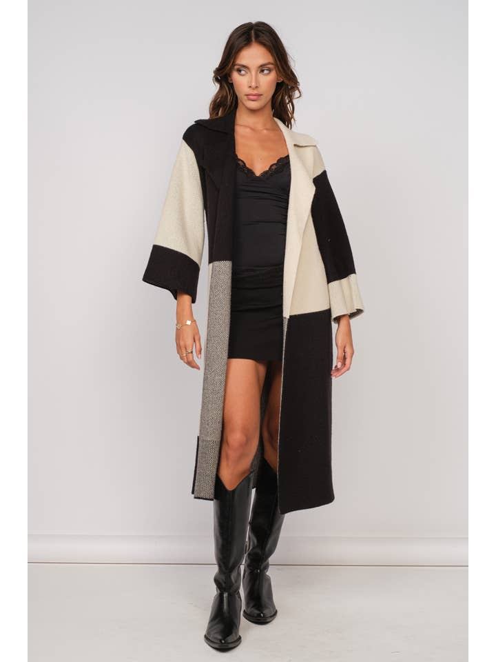 Black Block BLACK-IVORY PATCH PRINT LONG CARDIGAN SWEATER for wholesale on Faire