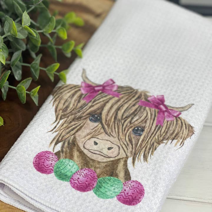 CMD Wholesale - Wholesale Tea towel - Easter Eggs Highland Cow Waffle Weave Tea Towel