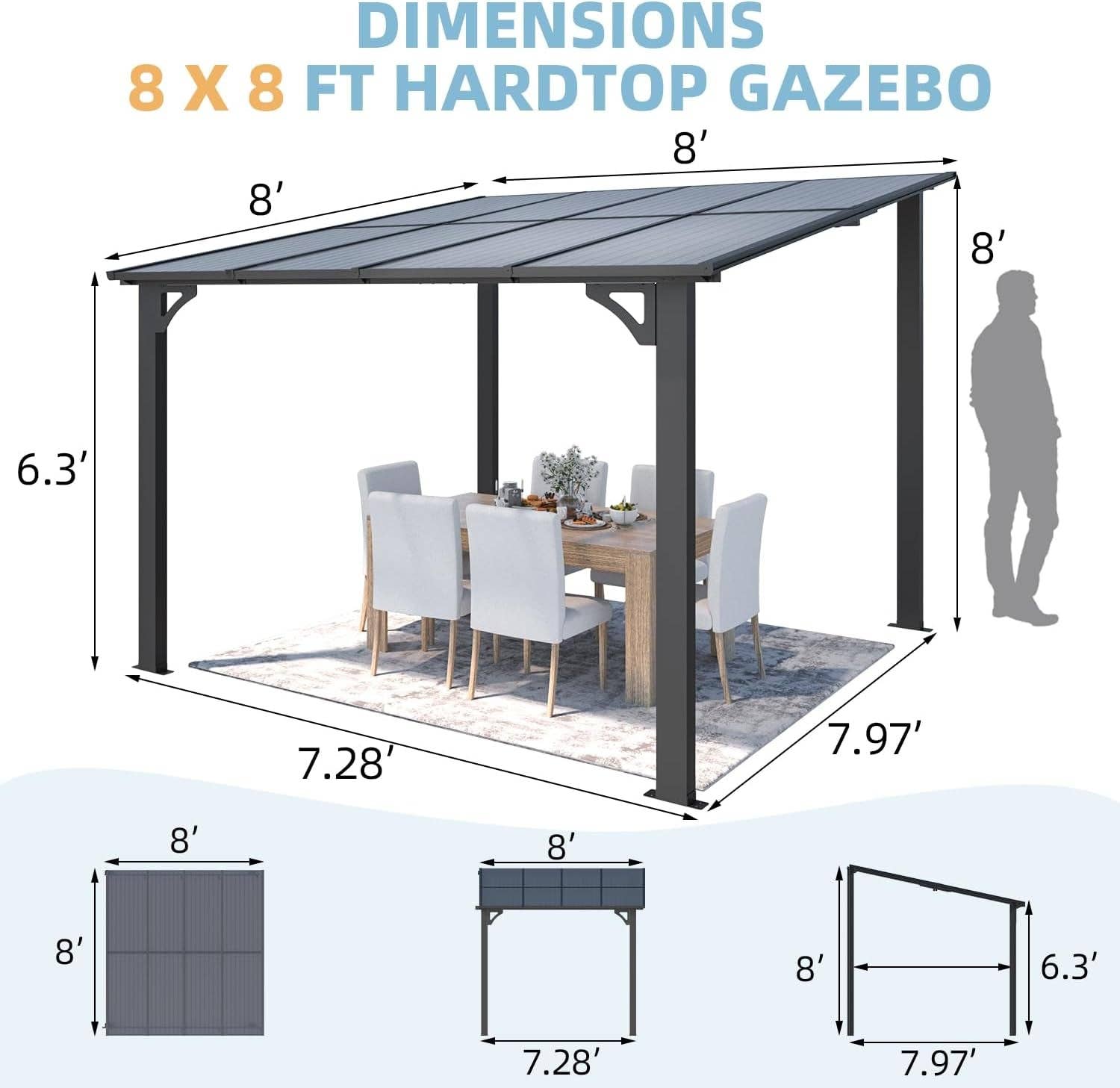Dark 8x8 Waterproof Wall Mounted Lean To Gazebo for Patio for wholesale on Faire6