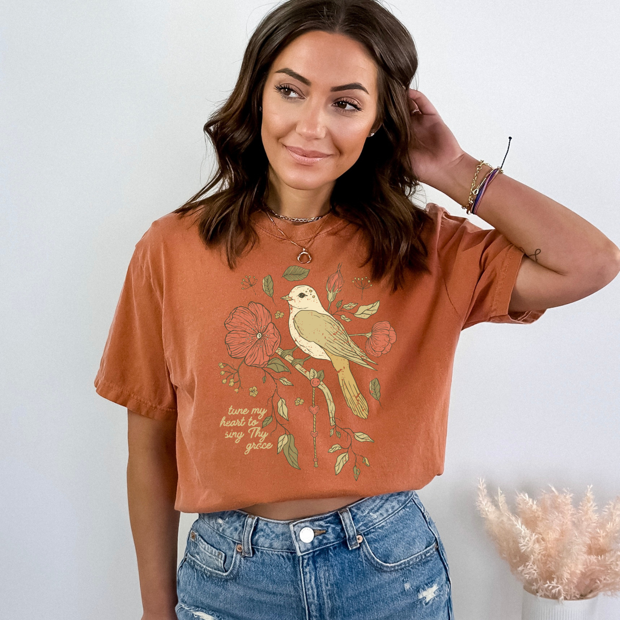 Scripted Pearl - Wholesale T-Shirt (Graphic) - Women's - Tune My Heart with Bird Comfort Colors Christian Graphic Tee14