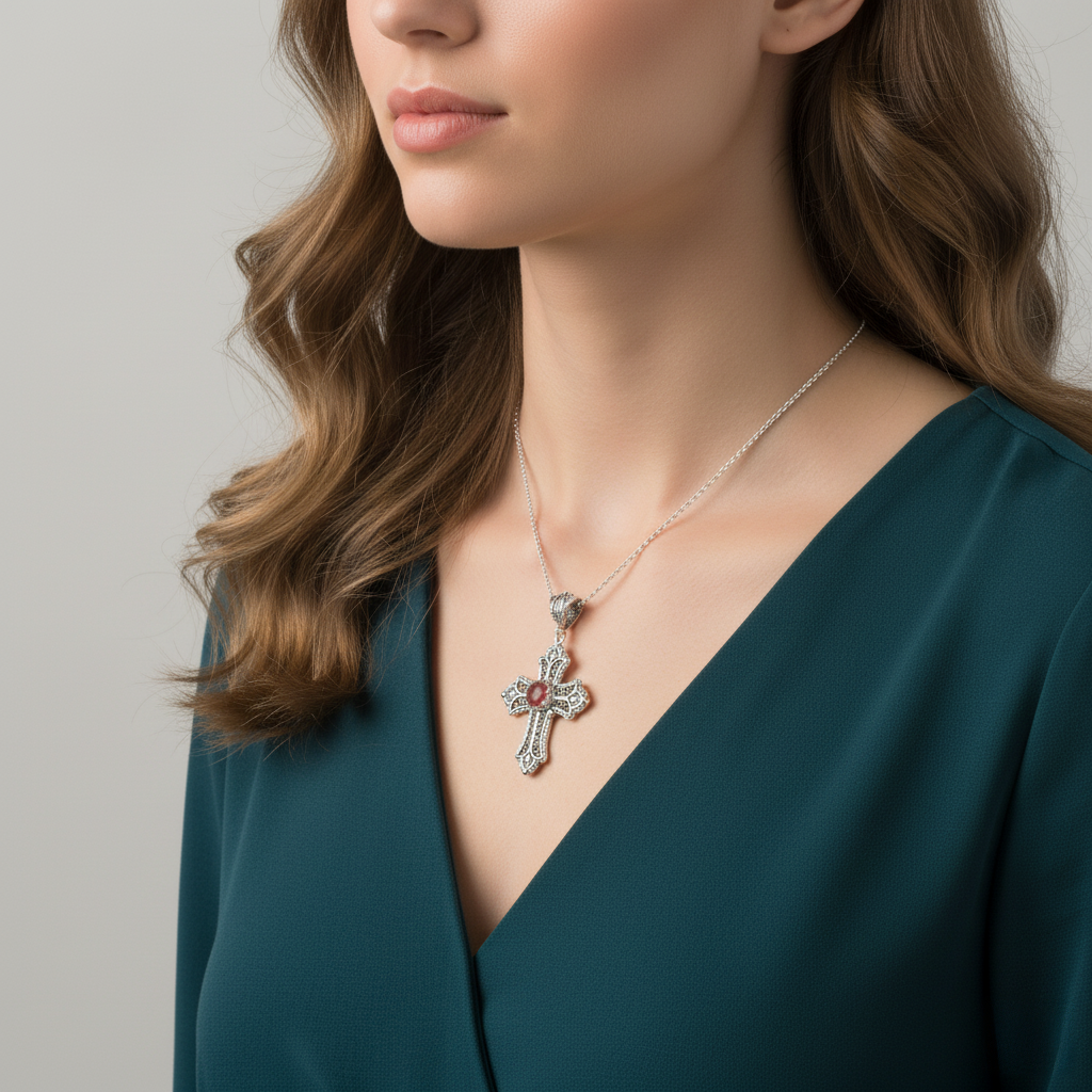 Filigranist Jewelry – wholesale Pendant/charm necklace – Sterling Silver Filigree Art Multi Gemstone Cross Necklace6