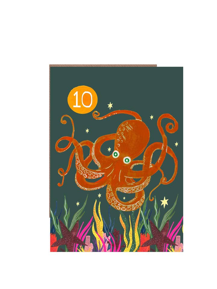 Age 10 'Party Octopus' Children's Birthday Greetings Card for wholesale by Hutch Cassidy (Greetings Cards and Paper Goods)