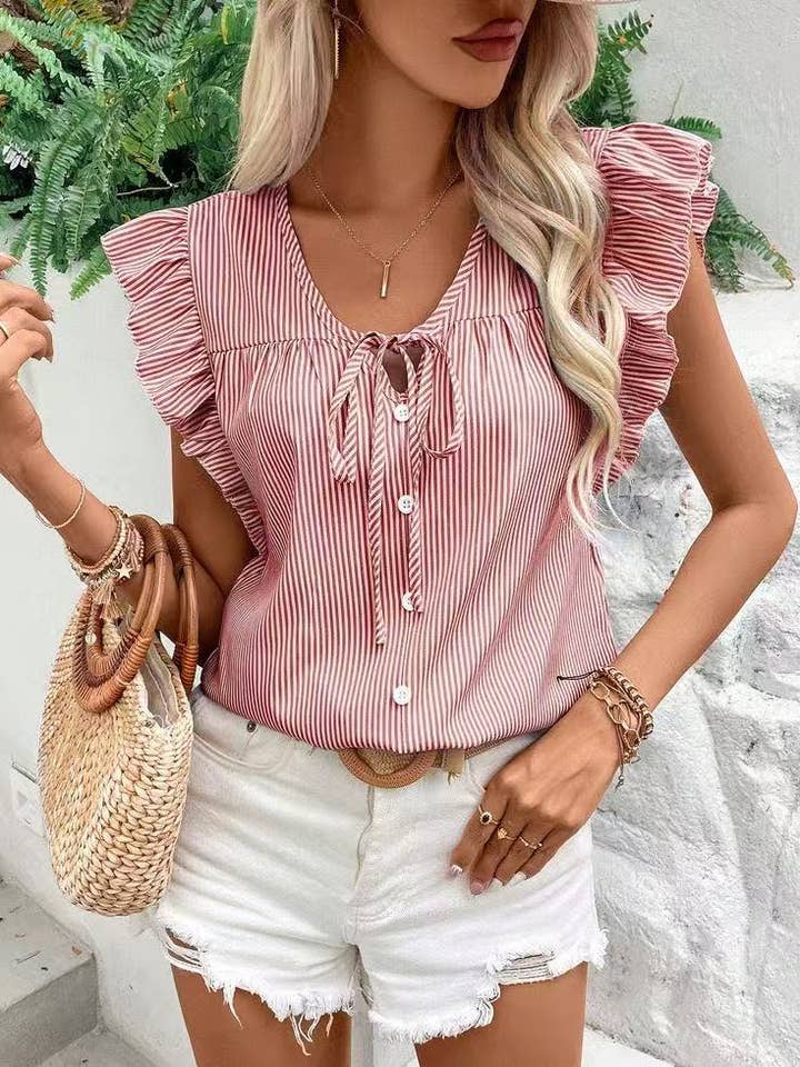 Striped ruffle tie front blouse for wholesale by Miss Sparkling